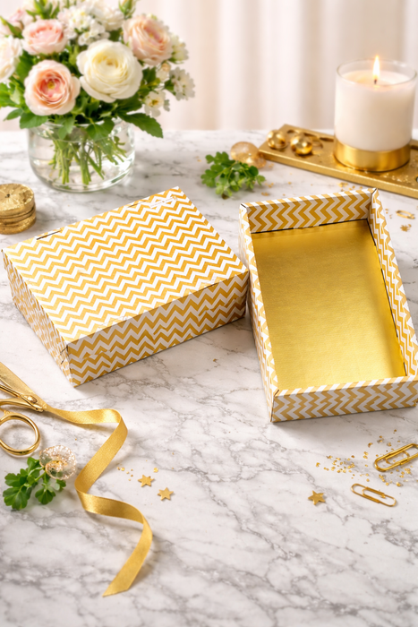 Multipurpose Viral Decorative Folding Paper Box With Golden base (without net and Twister) Rectangle Cardboard Box DIY Tray for Gift Hamper, Gifting (Cardboard Folding Paper Box),Room Hamper,Wedding Hamper