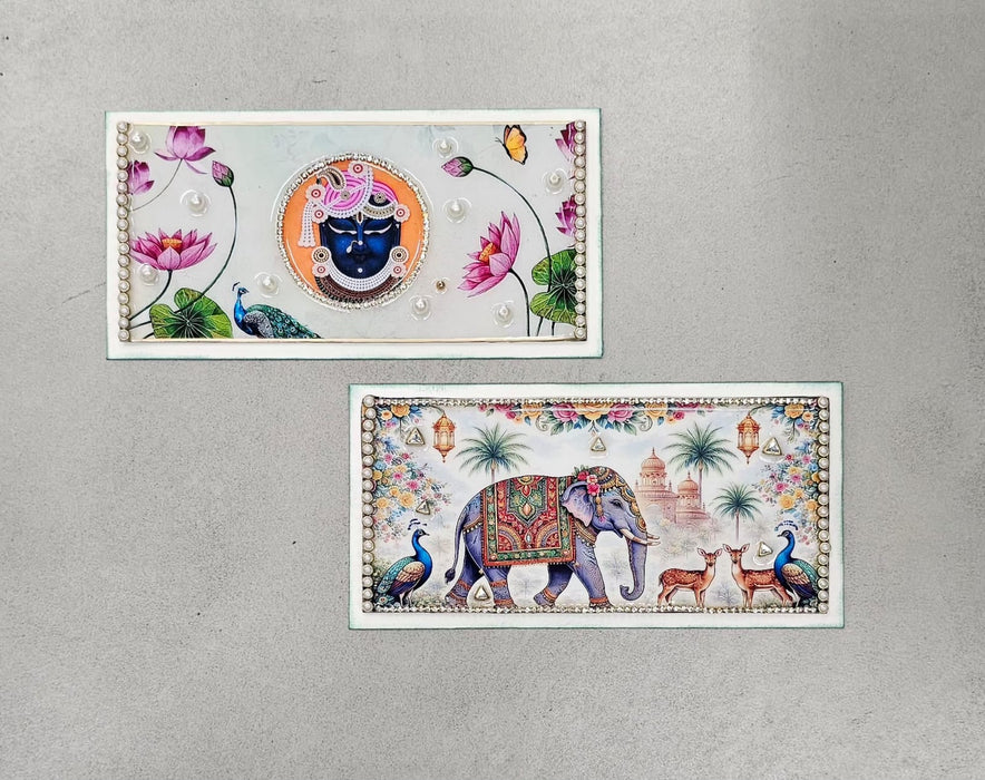 2 PCS Premium Decorative Resin Envelope/Money envelope with Krishna/shreensthji  & Elephant Design – Wedding Shagun Cash Gift Envelope (7.5×4 Inch)