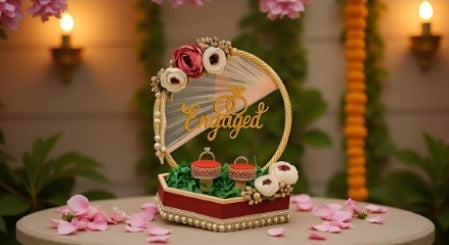 1 pcs Handcrafted Round Platter Holder Tray Engagment Ring Platter Flat Base Floral  Design  2 Ring Platter Function Wood Decorative Platter