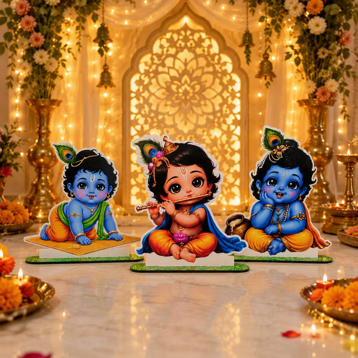 Baby Krishna and elephant MDF Cutouts with Stand | Perfect for Baby Shower, Janmashtami Decoration, Backdrop, Welcome Table & Showpiece