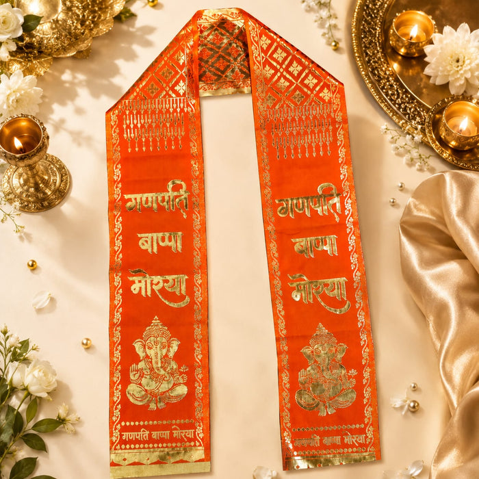 Premium Ganpati Bappa Morya Khes (Red & Orange) | Devotional Printed Puja Stole | 33 × 6 Inch | Ganesh Festival, Visarjan, Bhajan
