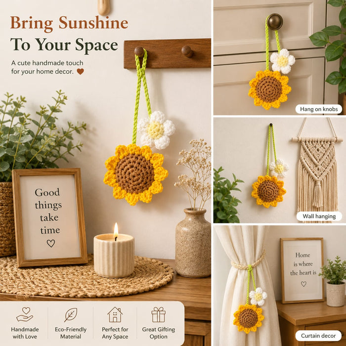 2 Pcs Artificial Sunflower Crochet Hanging Ornament for Home Decor | Handmade Sunflower Car Mirror Hanging Accessory | Crochet Flower Car Dashboard Decoration | Home, Window, Door