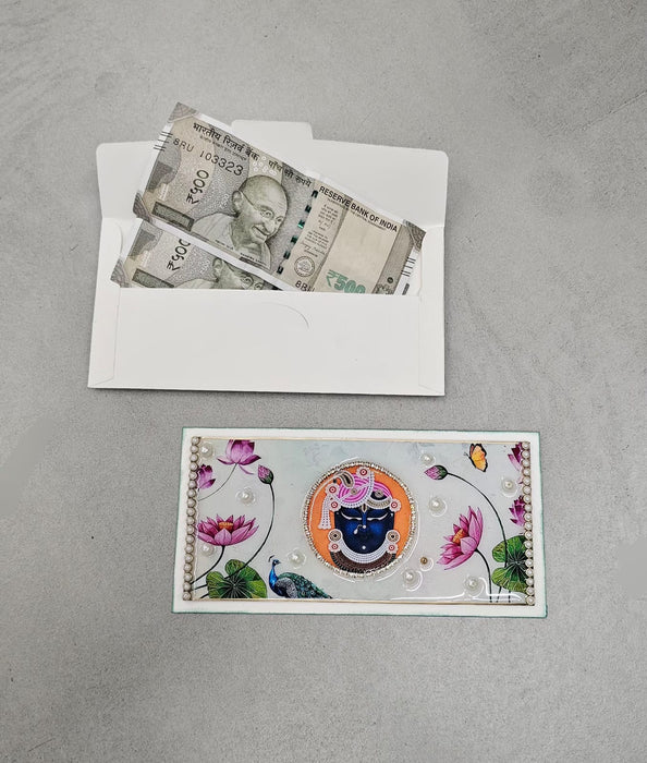 2 PCS Premium Decorative Resin Envelope/Money envelope with Krishna/shreensthji  & Elephant Design – Wedding Shagun Cash Gift Envelope (7.5×4 Inch)