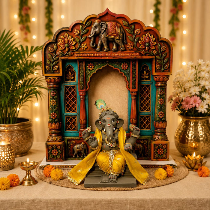 3D Look Ganpati Backdrop MDF | 3 Royal Designs – Elephant, Peacock & Palace | Decorative Backdrop for Ganpati Decoration, Mandap, Pooja & Home Temple  Description