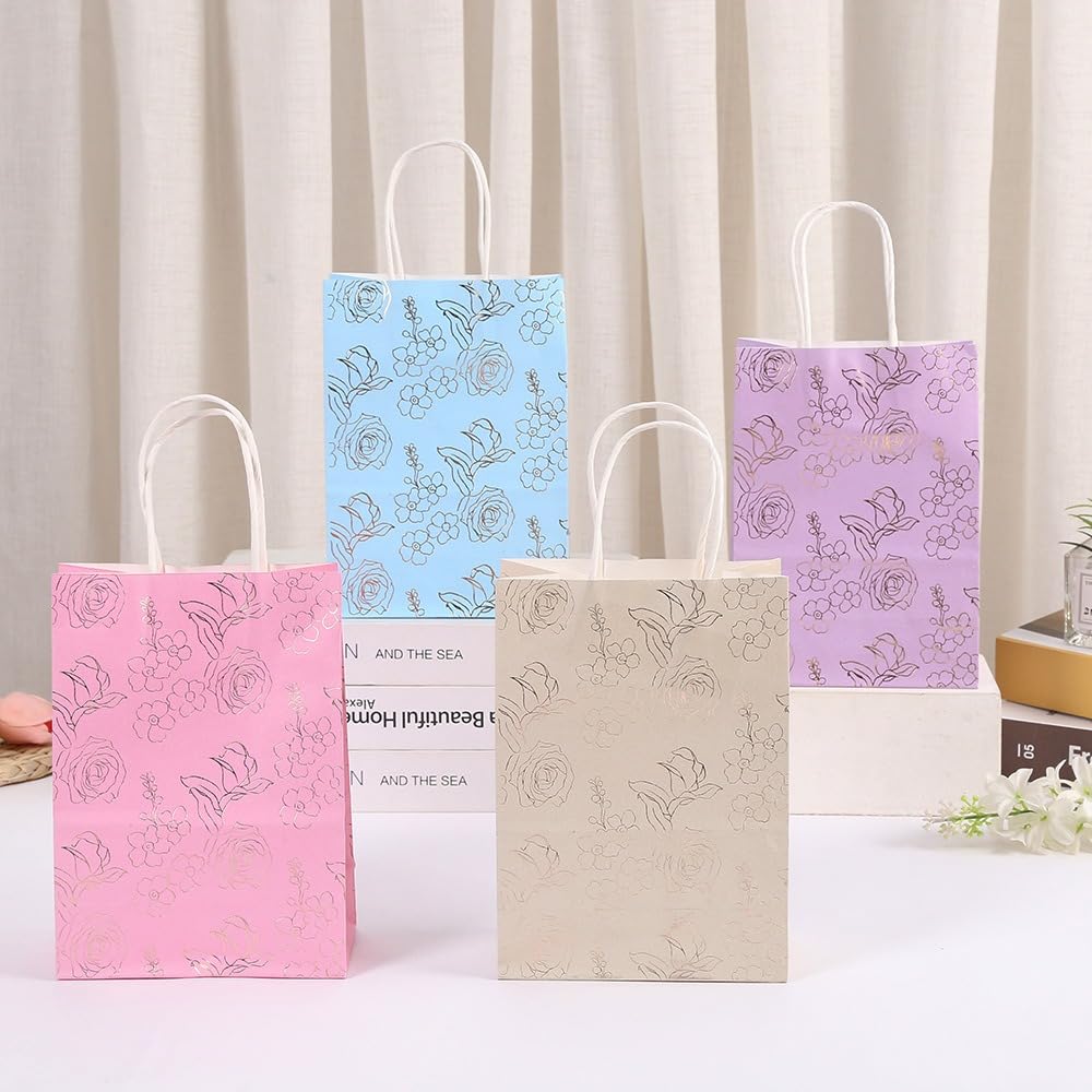 24 Pcs (Random Colour) Floral Print Gift Bags with Handle Gift Paper bag, gift For Gifting, marriage Return Gifts, Birthday, Wedding, Party, Season's Greetings (multi) (BIG)