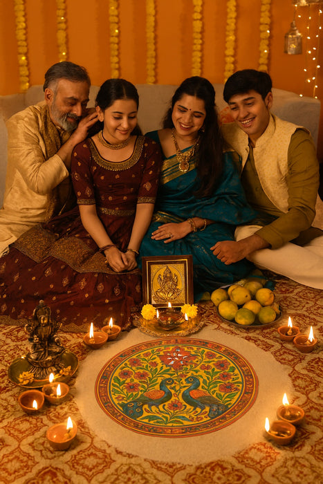 India’s First 3D DIY Rangoli Kit with Mirror Design | 17 Inch | Includes 5 Free LED Candles (Flower  Peacock)