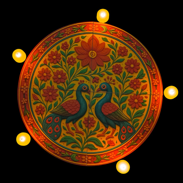 India’s First 3D DIY Rangoli Kit with Mirror Design | 17 Inch | Includes 5 Free LED Candles (Flower  Peacock)