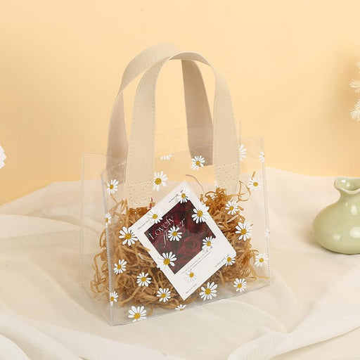 6 Pcs Transparent Gift Bag with Floral Print with Handle | Gift Bag for Her / Him,Handle hamper bag, Carry Bags, shopping gift bag, Presents, Packing, Wedding Return Gifts, Birthday, Events, Festivals (17 x 19 cm)