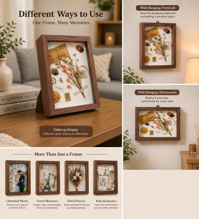 Wooden Frame for Home Decor, Deep Display Memory Frame with Transparent Front, Wall Mount & Table Top Display Case for Bedroom, Wedding, Return Gift, Birthday Gift