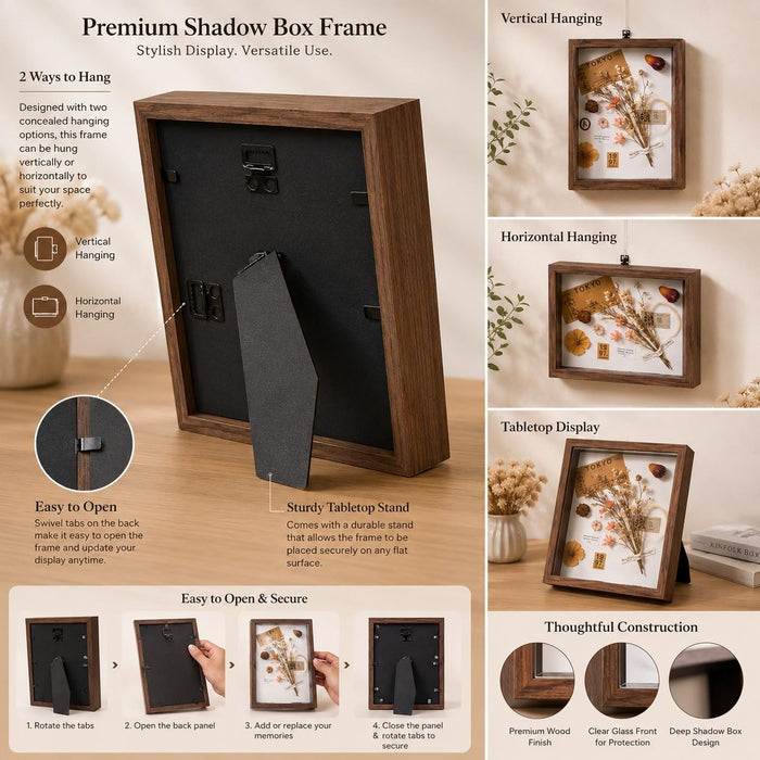 Wooden Frame for Home Decor, Deep Display Memory Frame with Transparent Front, Wall Mount & Table Top Display Case for Bedroom, Wedding, Return Gift, Birthday Gift