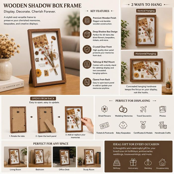 Wooden Frame for Home Decor, Deep Display Memory Frame with Transparent Front, Wall Mount & Table Top Display Case for Bedroom, Wedding, Return Gift, Birthday Gift