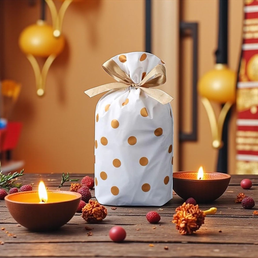 40 Pcs Polka Dot Gift Pouches with Satin Ribbon – White & Silver/Gold Dots