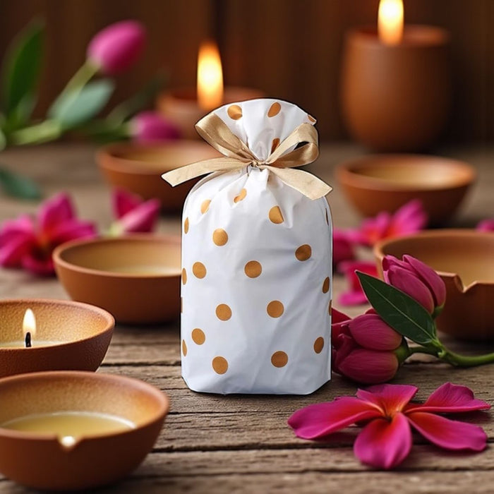 40 Pcs Polka Dot Gift Pouches with Satin Ribbon – White & Silver/Gold Dots