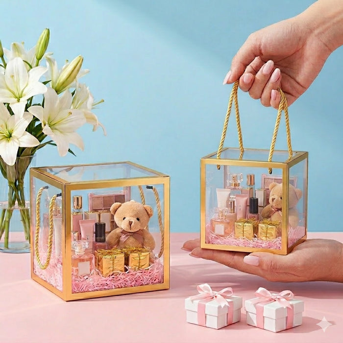 Clear Transparent Gift Box with Frame and Rope Handle for Hampers, Wedding Gifts, Return Gifts, Chocolates, Dry Fruits, Cosmetics, Baby Shower, Festive Gifting & Premium Gift Packaging (12 cm x 12 cm x 12 cm)