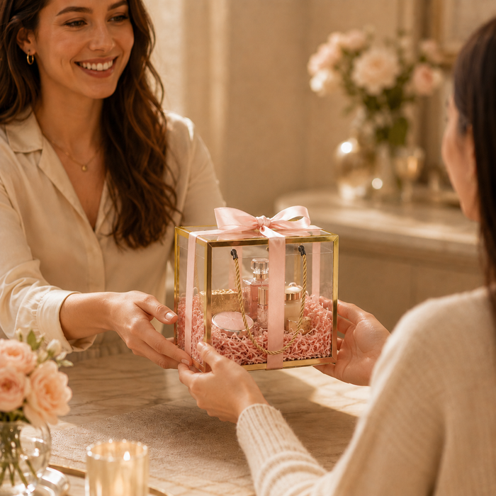 Clear Transparent Gift Box with Frame and Rope Handle for Hampers, Wedding Gifts, Return Gifts, Chocolates, Dry Fruits, Cosmetics, Baby Shower, Festive Gifting & Premium Gift Packaging (20 cm x 21 cm x 9 cm)