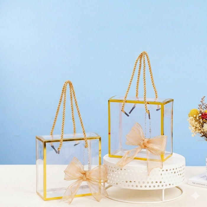 Clear Transparent Gift Box with Frame and Rope Handle for Hampers, Wedding Gifts, Return Gifts, Chocolates, Dry Fruits, Cosmetics, Baby Shower, Festive Gifting & Premium Gift Packaging (20 cm x 21 cm x 9 cm)