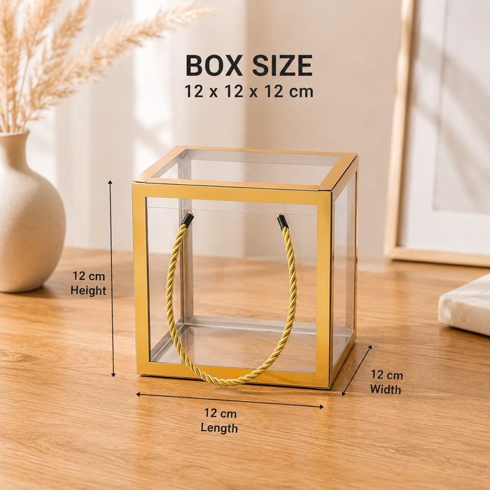 Clear Transparent Gift Box with Frame and Rope Handle for Hampers, Wedding Gifts, Return Gifts, Chocolates, Dry Fruits, Cosmetics, Baby Shower, Festive Gifting & Premium Gift Packaging (12 cm x 12 cm x 12 cm)