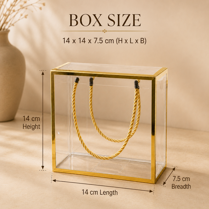 Clear Transparent Gift Box with Frame and Rope Handle for Hampers, Wedding Gifts, Return Gifts, Chocolates, Dry Fruits, Cosmetics, Baby Shower, Festive Gifting & Premium Gift Packaging (14 cm x 14 cm x 7.5 cm)