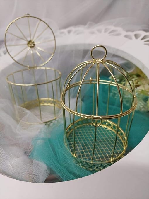 SATYAM KRAFT 6 Pieces of Golden Bird Cages for Decorative Wedding Invitation Tray, Candle Holder, Gifts Collection, Reception Ceremony, Wall Hanging,Gardens, Bedroom,Events,Birthday Decoration(Pack of 6)