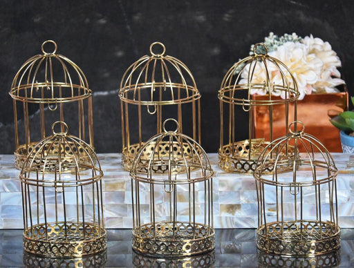 SATYAM KRAFT 6 Pieces of Golden Bird Cages for Decorative Wedding Invitation Tray, Candle Holder, Gifts Collection, Reception Ceremony, Wall Hanging,Gardens, Bedroom,Events,Birthday Decoration(Pack of 6)