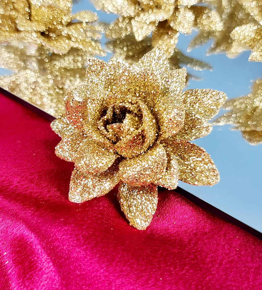 Small Glitter Artificial Fake Flower Decorative Items for Gifting, Home, Balcony, Living Room, Valentine, Wedding Decoration (Golden)