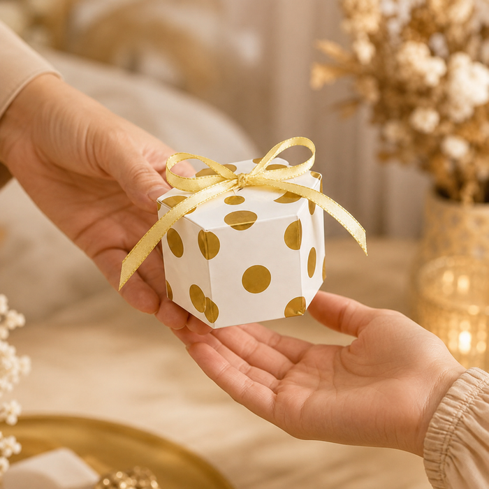 50 Pcs Hexagon Paper Gift Box with Ribbon, Gift Packaging Box for Wedding Return Gifts, Birthday Favours, Chocolate, Dry Fruit, Jewellery, Cosmetics, Baby Shower & Festive Hamper Packing