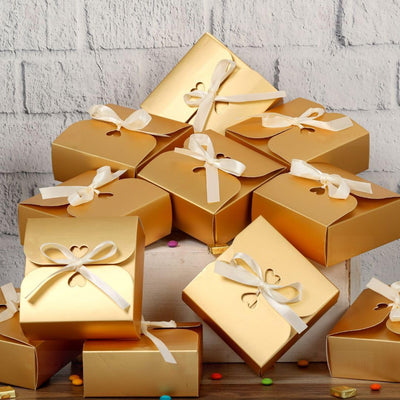 Decorative Folding Storage Box for Return Gift, Birthday, Gift Boxes with Ribbon, Perfect for Packing Chocolate, Dry Fruits for Gifting (Golden)