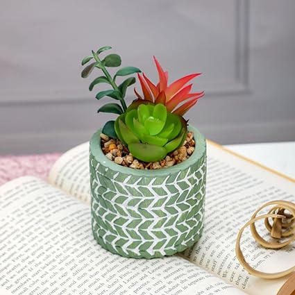ATYAM KRAFT 1 PC Mini Artificial Green succulent plant With aesthetic Ceramic pot Faux flower Plant to Add Charm to Your Home decor (Green)