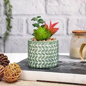 SATYAM KRAFT 1 PC Mini Artificial Green succulent plant With aesthetic Ceramic pot Faux flower Plant to Add Charm to Your Home decor (Green)