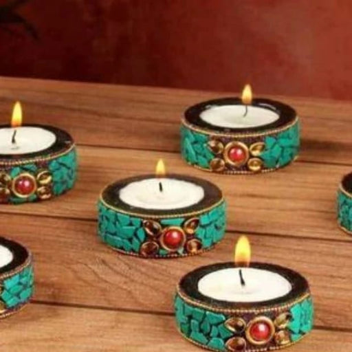 SATYAM KRAFT  6 Pcs Lac Material Candle Holder with 6 wax candle, Floor Decoration Reusable for Puja, Diwali Decor.(2 inch)