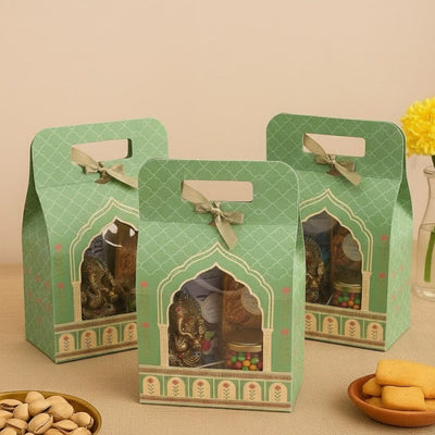 5 Pcs Affordable Hamper Box Green Colour hamper Multipurpose Decorative Folding Paper Cardboard Box DIY Box for Gift Hamper, Diwali Gifting, Wedding gifing, Return Gift.(12.5 x 8 x 6 inch)