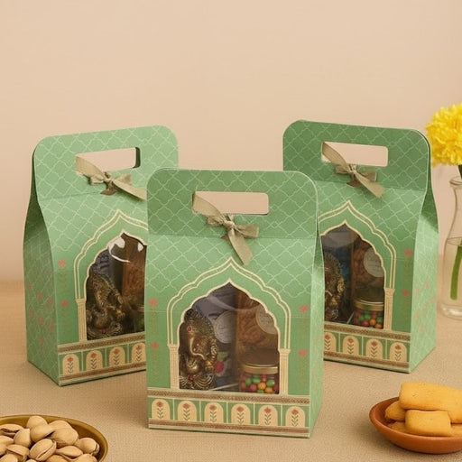 5 Pcs Affordable Hamper Box Green Colour hamper Multipurpose Decorative Folding Paper Cardboard Box DIY Box for Gift Hamper, Diwali Gifting, Wedding gifing, Return Gift.(12.5 x 8 x 6 inch)