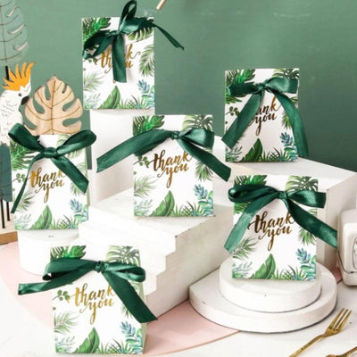 30 pcs Decorative Green Leaf Design Paper Folding Box with Green Ribbon Storage Box for Return Gift, Birthday, Gift Boxes with Ribbon, Perfect for Packing Chocolate, Gifting