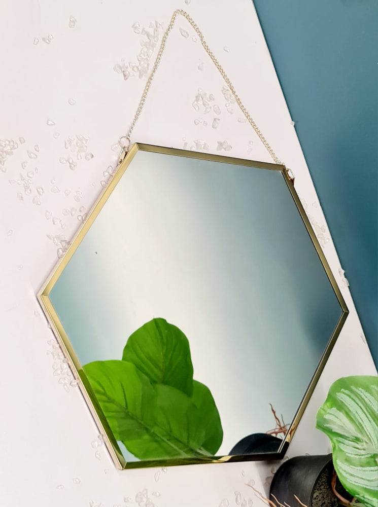 1 Pc Hexagone Shaped Fiber Wall Mirror with chain, Hanging Frame for Home Decor, Hanging in Bedroom, Living Room with Hook for Hanging for Decor.