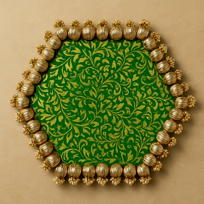 1 pcs Hexagone Shape Handmade Gota Patti Rakhi Platter, Pooja Thali with jumkhi | Wedding Ring Ceremony Tray, Ganpati Pooja Thali, Mandir, Housewarming, Marriage Gift, Table Decoration, Rakshabhandhan (10 Inch)