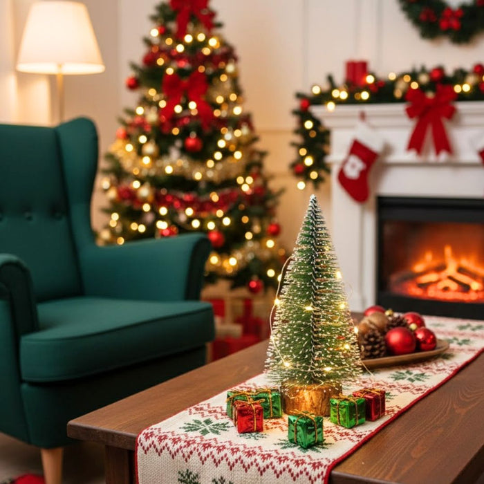 9 Pcs (30 cm) Artificial Mini Christmas Tree Beautiful Pine Tree Miniature with Wooden Base | Snow-Flocked Xmas Tree for Gifting, Home, Office, Tabletop & Christmas Decoration