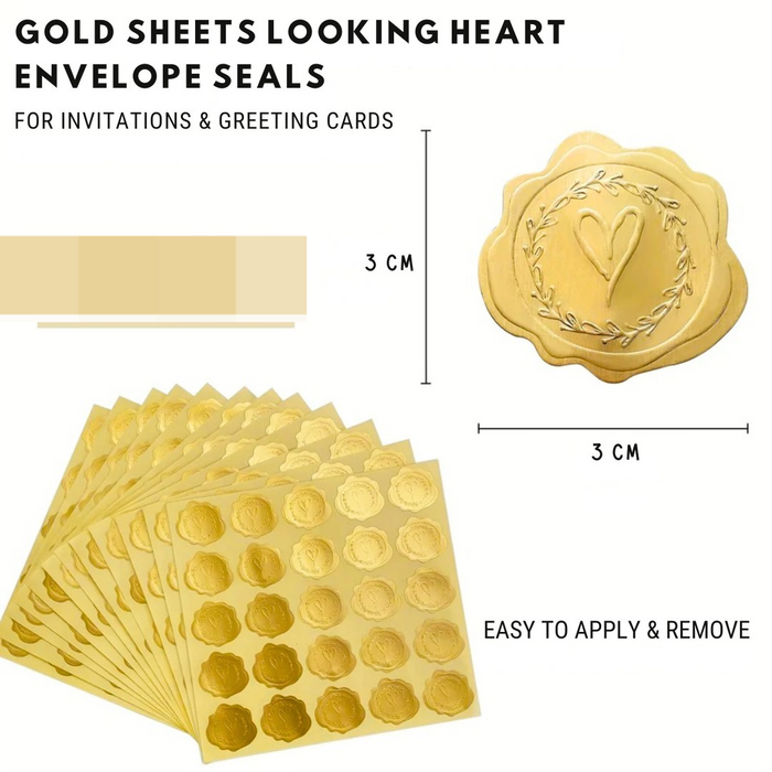 Gold Heart Envelope Seal Stickers  | 3cm Premium Self-Adhesive Wax Seal Look Stickers for Invitations, Wedding Cards & Gifting