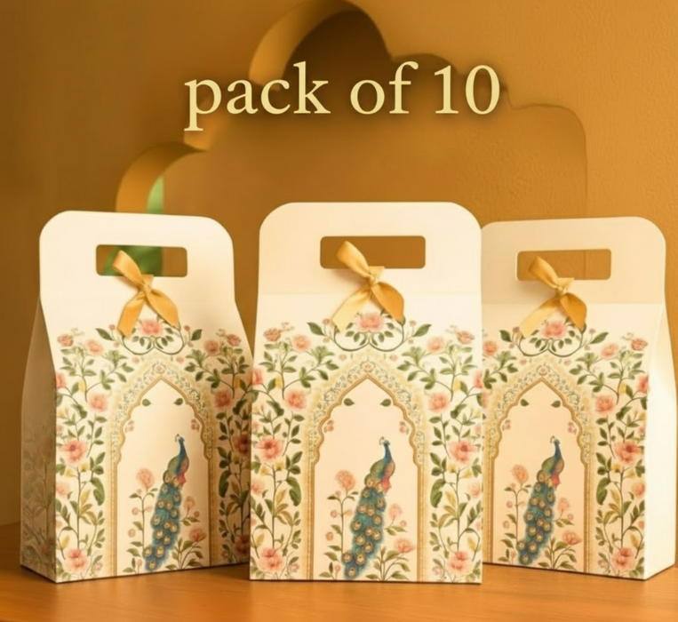 10 Pcs Shahi Dibba Foldable Peacock Hamper Boxes with Ribbon | Premium Gift Packaging for Weddings & Special Occasions