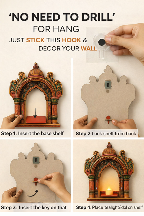 DIY Traditional Jharokha Mirror Kit (No Drill Required) with Free LED Candle & Hook – 2D Wooden MDF Wall Hanging Decor for Home, Mandir, Living Room, Festive Gifting & Decoration Showpiece