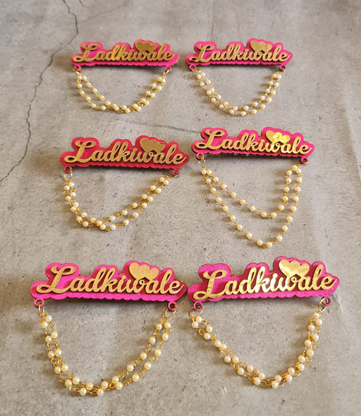 SATYAM KRAFT Design 2 stylish Brooches Ladkiwale Team Bride Groom Mdf Golden Plated Brooch Clips Pin for Men Women for haldi sadi