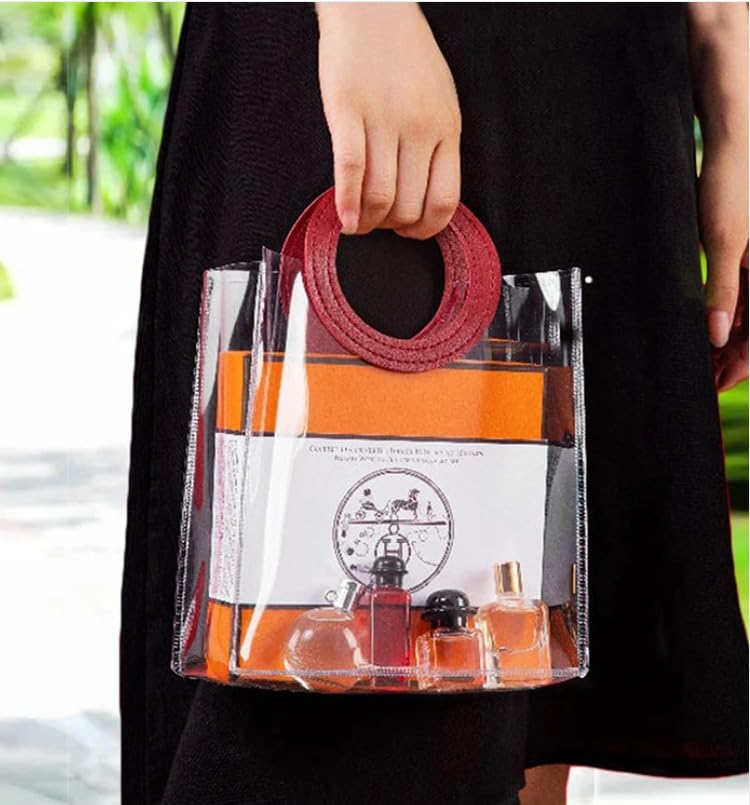 6 PCS Big Transparent Bags with Circle Handle Gift Paper Bag, Carry Bags, Gift Bag, Gift for Birthday, Valentine, Marriage, Festivals, Season's Greetings and Events (Maroon) (Big)(25x 14.5 x 28 cm)