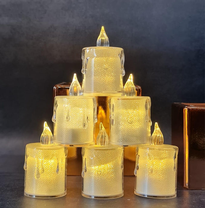 12 pcs Flameless and Smokeless Crystal Dripping Design Acrylic led Candles Tea Light Candle Perfect for Home Decor,Gifting,Festival,Events,Party Decoration (Yellow) (Medium)