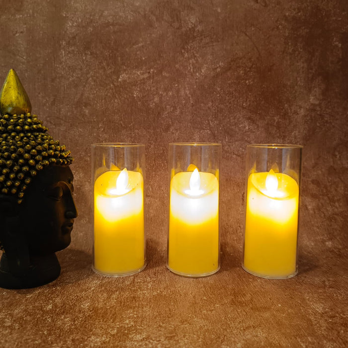 3 pcs Dancing Flameless Led Tea Light Piller Candle for Home Decoration, Gifting, House, Light for Balcony, Room, Birthday, Diwali, Festival Decorative(small,medium,large)