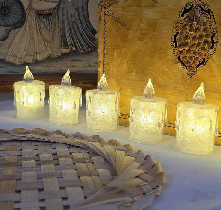 12 pcs Flameless and Smokeless Crystal Dripping Design Acrylic led Candles Tea Light Candle Perfect for Home Decor,Gifting,Festival,Events,Party Decoration (Yellow) (Medium)