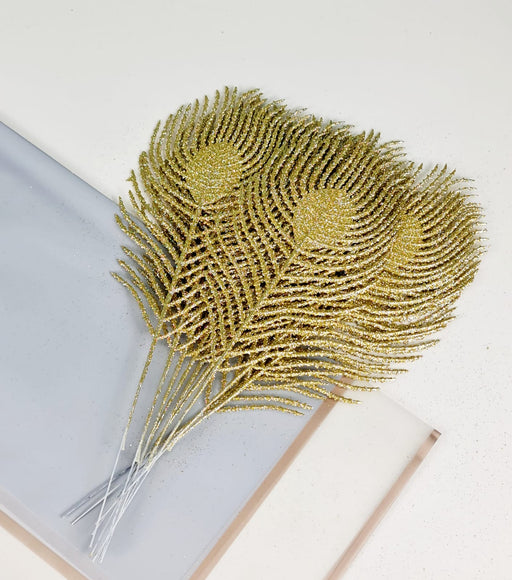 SATYAM KRAFT  Glitter Artificial "MOR PANKH " Leaves Fake Flower Sticks Decorative Items for Gifting, Home, Balcony, Living Room, Valentine, Wedding Decoration (Golden)