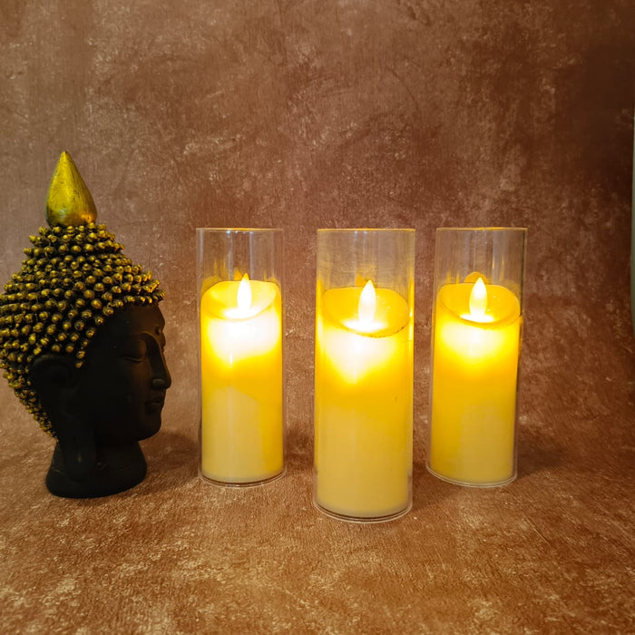 3 pcs Dancing Flameless Led Tea Light Piller Candle for Home Decoration, Gifting, House, Light for Balcony, Room, Birthday, Diwali, Festival Decorative (large)