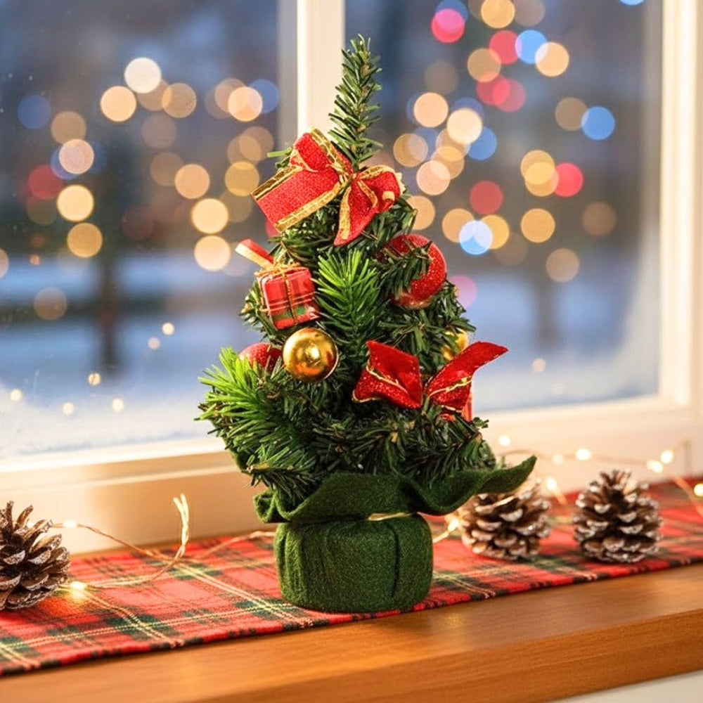 1 Pcs Artificial Mini Decorative Christmas Tree Beautiful Pine Tree Miniature | Snow-Flocked Xmas Tree for Gifting, Home, Office, Tabletop & Christmas Decoration.