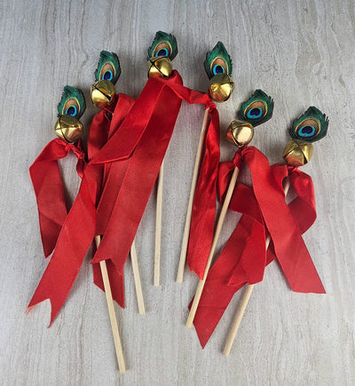 12 pcs Handcrafted Wedding Ghungroo Bell Stick With Morpankh for Home Mandir Décor, Marriage gungroo,Shadi -Sagai, Engagment,bride entry, aarti,Magal Phera bell, Barati Swagat, Varmala,christmas bell Stick, pooja, puja mandir, gantri, Temple ganti