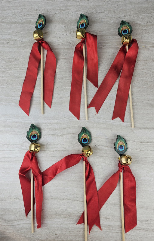 12 pcs Handcrafted Wedding Ghungroo Bell Stick With Morpankh for Home Mandir Décor, Marriage gungroo,Shadi -Sagai, Engagment,bride entry, aarti,Magal Phera bell, Barati Swagat, Varmala,christmas bell Stick, pooja, puja mandir, gantri, Temple ganti