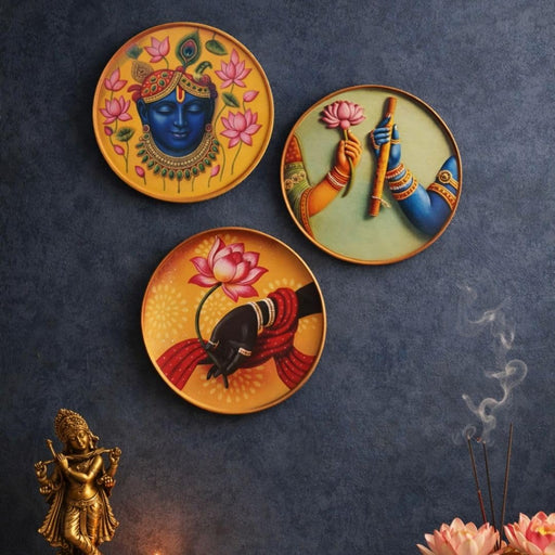 Krishna Theme 3D Look Wall Décor  Plate Set (8 Inch, 3mm MDF) (NO NEED TO DRILL WALL) Just hang with free hook | DIY Kit with Abhla & Glue | Home, Pooja Room & Diwali Decoration, Gifting